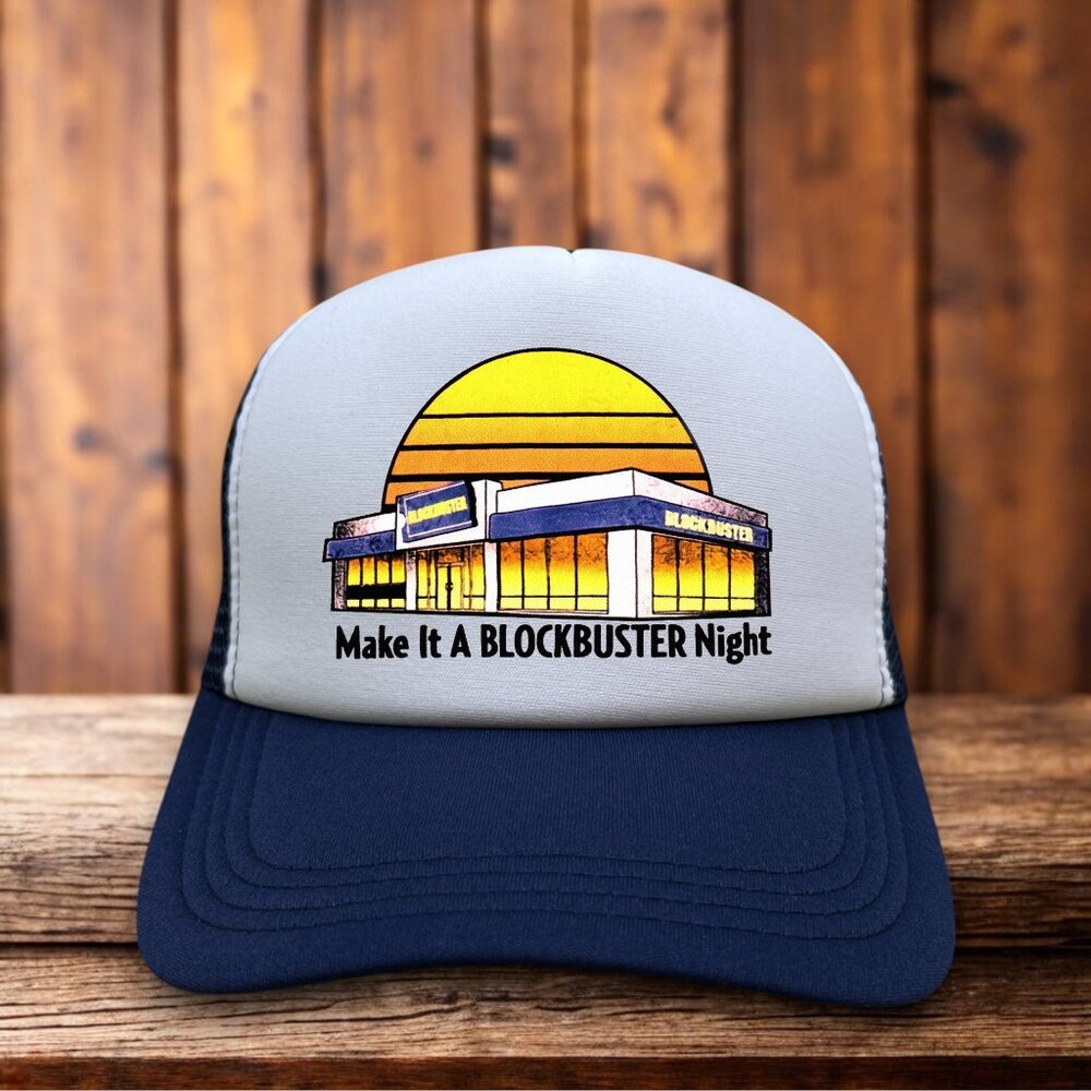Make It A Blockbuster Night Mens Trucker Hat Navy 90s Retro Logo Movie Cap